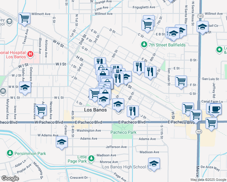 map of restaurants, bars, coffee shops, grocery stores, and more near in Los Banos