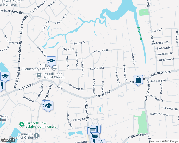 map of restaurants, bars, coffee shops, grocery stores, and more near 636 Kings View Court in Hampton