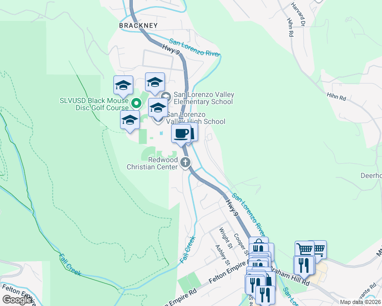 map of restaurants, bars, coffee shops, grocery stores, and more near 6970 California 9 in Felton