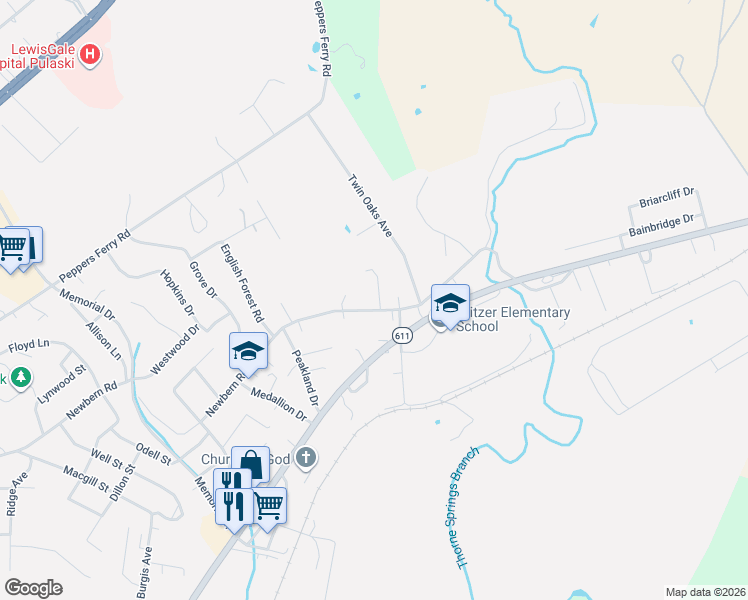 map of restaurants, bars, coffee shops, grocery stores, and more near 1789 Newbern Rd in Pulaski