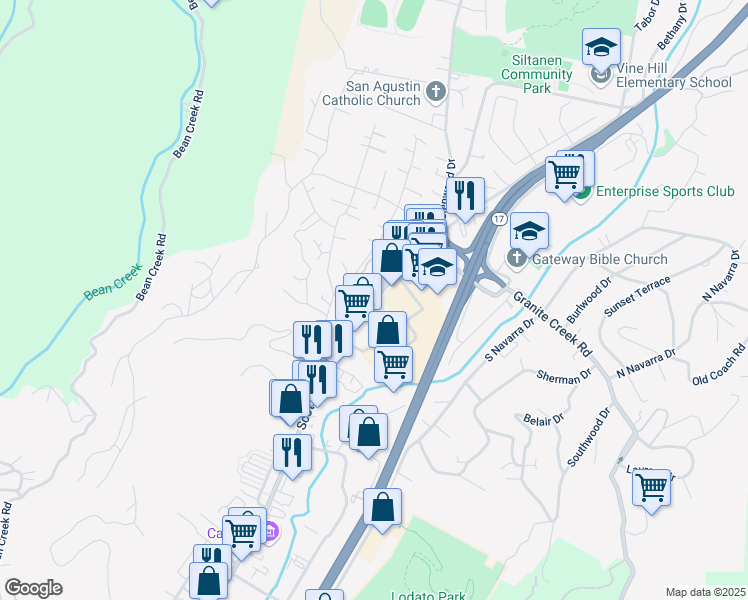 map of restaurants, bars, coffee shops, grocery stores, and more near 5524 Scotts Valley Drive in Scotts Valley