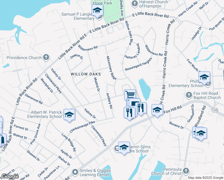 map of restaurants, bars, coffee shops, grocery stores, and more near 107 Seminary Ridge in Hampton