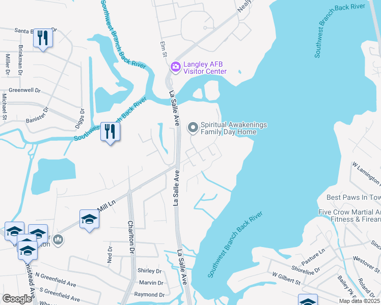map of restaurants, bars, coffee shops, grocery stores, and more near 115 Tide Mill Lane in Hampton