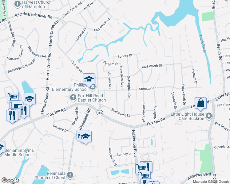 map of restaurants, bars, coffee shops, grocery stores, and more near 430 Stockton Street in Hampton