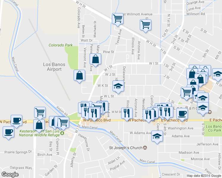 map of restaurants, bars, coffee shops, grocery stores, and more near 1120 Iowa Avenue in Los Banos
