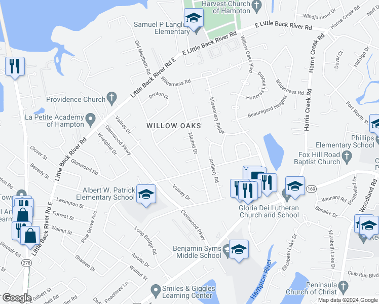map of restaurants, bars, coffee shops, grocery stores, and more near 318 Hercules Drive in Hampton
