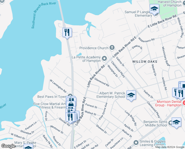 map of restaurants, bars, coffee shops, grocery stores, and more near 2 North Glenwood Road in Hampton