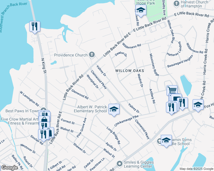 map of restaurants, bars, coffee shops, grocery stores, and more near 101 Clemwood Parkway in Hampton
