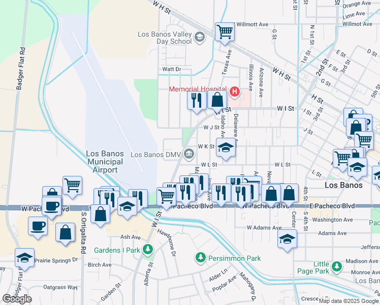 map of restaurants, bars, coffee shops, grocery stores, and more near 1120 West I Street in Los Banos
