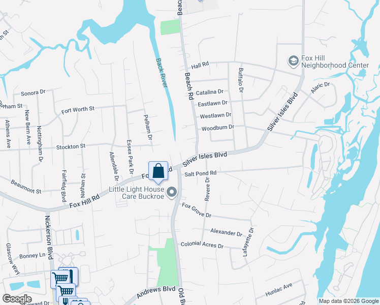 map of restaurants, bars, coffee shops, grocery stores, and more near 20 Beach Road in Hampton