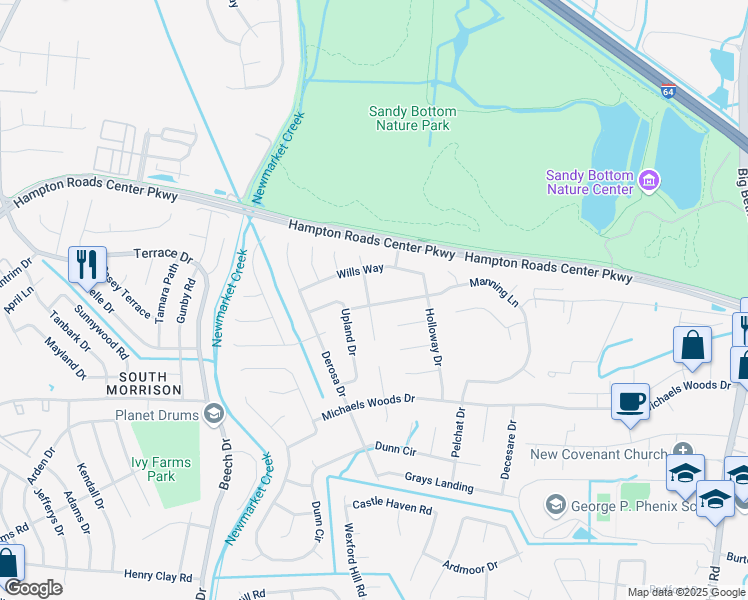 map of restaurants, bars, coffee shops, grocery stores, and more near 211 Manning Lane in Hampton