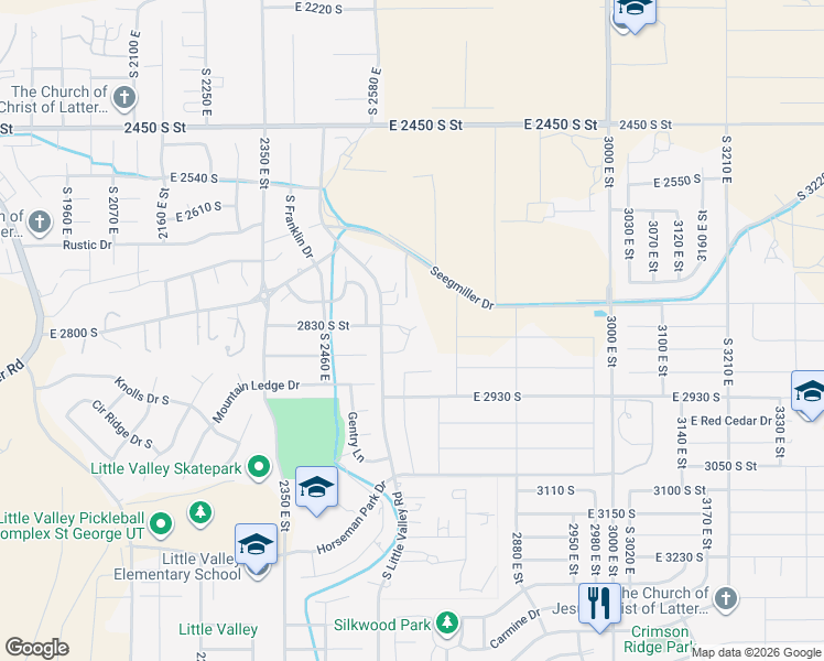 map of restaurants, bars, coffee shops, grocery stores, and more near 2821 Little Valley Road in St. George