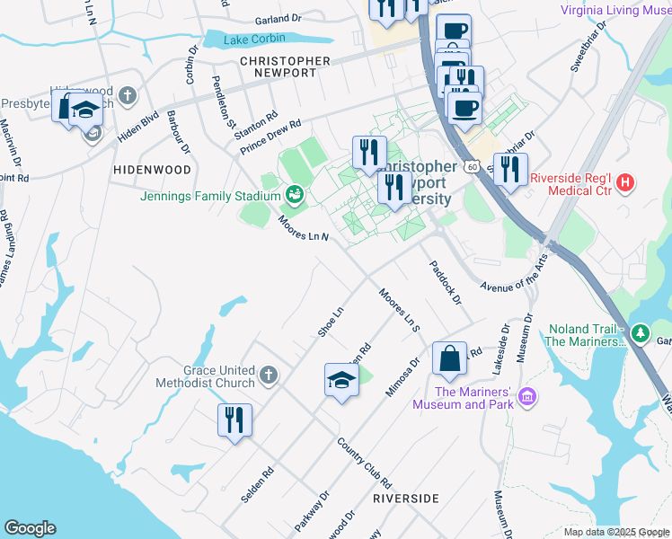 map of restaurants, bars, coffee shops, grocery stores, and more near 6 Meadow Drive in Newport News