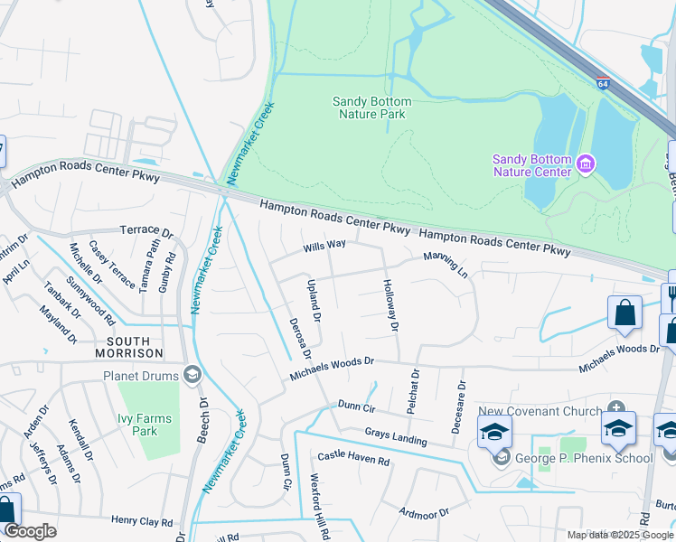 map of restaurants, bars, coffee shops, grocery stores, and more near 211 Manning Lane in Hampton