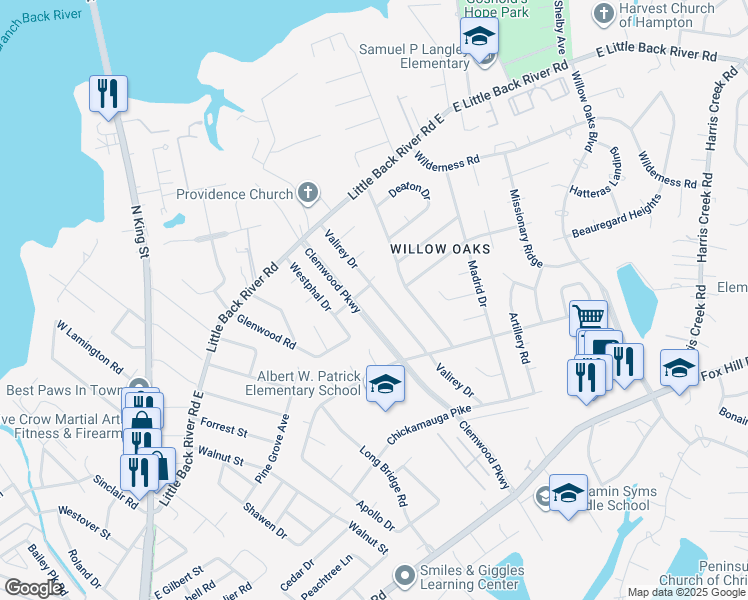 map of restaurants, bars, coffee shops, grocery stores, and more near 104 Valirey Drive in Hampton
