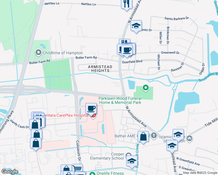 map of restaurants, bars, coffee shops, grocery stores, and more near 2621 North Armistead Avenue in Hampton