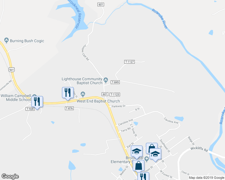 map of restaurants, bars, coffee shops, grocery stores, and more near 114 Sycamore Road in Brookneal