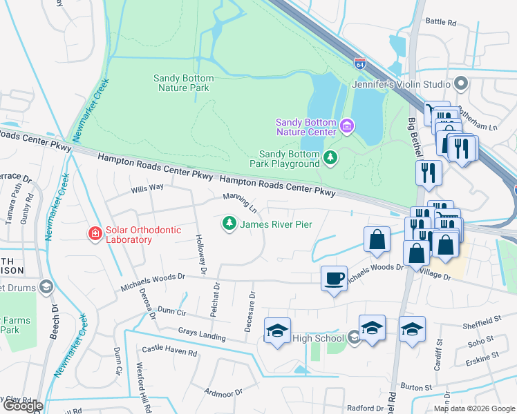map of restaurants, bars, coffee shops, grocery stores, and more near 329 Manning Lane in Hampton
