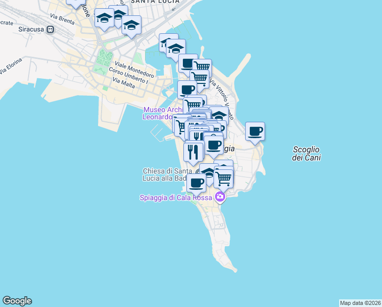 map of restaurants, bars, coffee shops, grocery stores, and more near 15 Via del Collegio in Siracusa