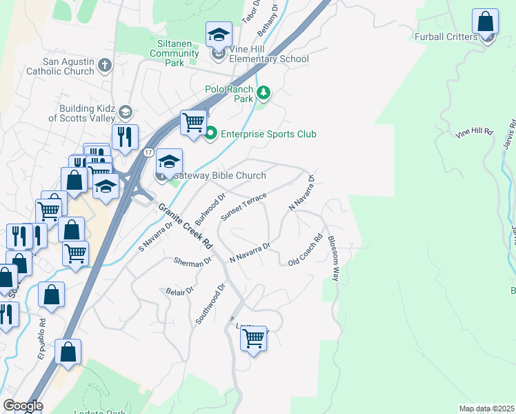 map of restaurants, bars, coffee shops, grocery stores, and more near 212 El Camino Rd in Scotts Valley