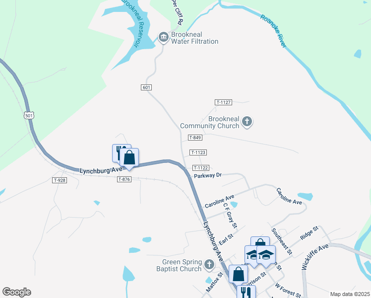 map of restaurants, bars, coffee shops, grocery stores, and more near 114 Sycamore Road in Brookneal