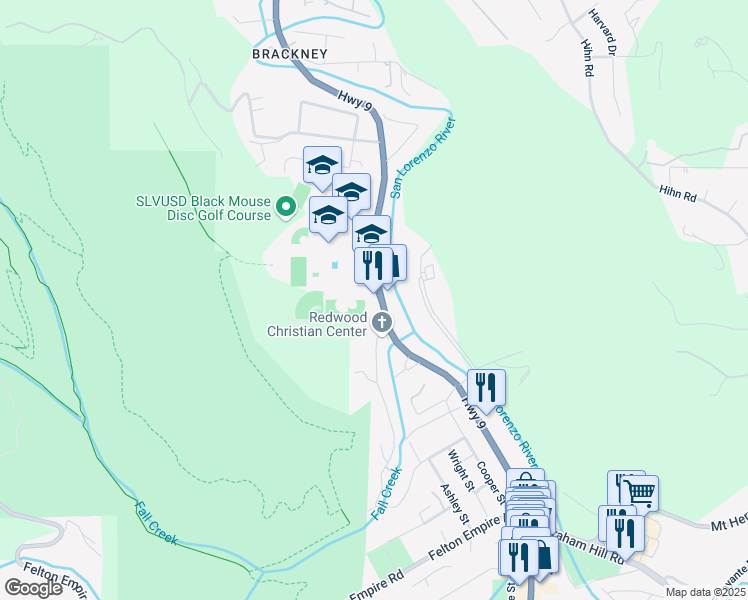 map of restaurants, bars, coffee shops, grocery stores, and more near 6971 Highway 9 in Felton