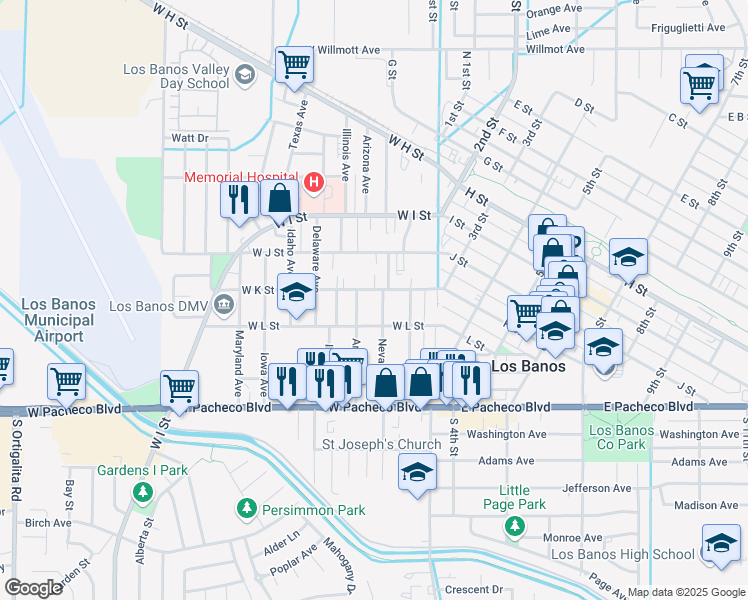 map of restaurants, bars, coffee shops, grocery stores, and more near 1117 Nevada Avenue in Los Banos