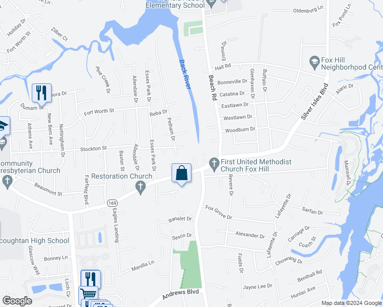 map of restaurants, bars, coffee shops, grocery stores, and more near 12 Nicole Court in Hampton