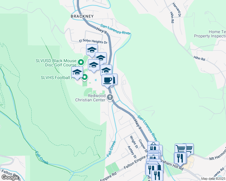 map of restaurants, bars, coffee shops, grocery stores, and more near 6970 California 9 in Felton