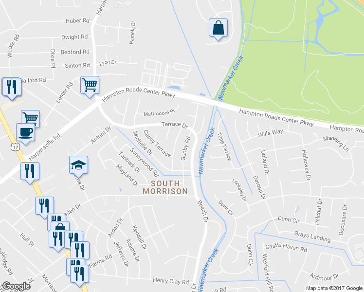 map of restaurants, bars, coffee shops, grocery stores, and more near 741 Gunby Road in Newport News
