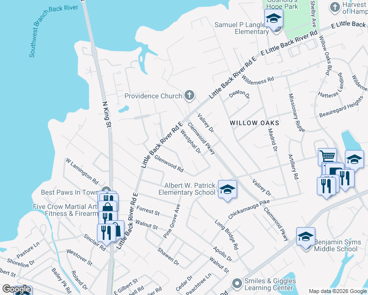 map of restaurants, bars, coffee shops, grocery stores, and more near 6 Olga Court in Hampton