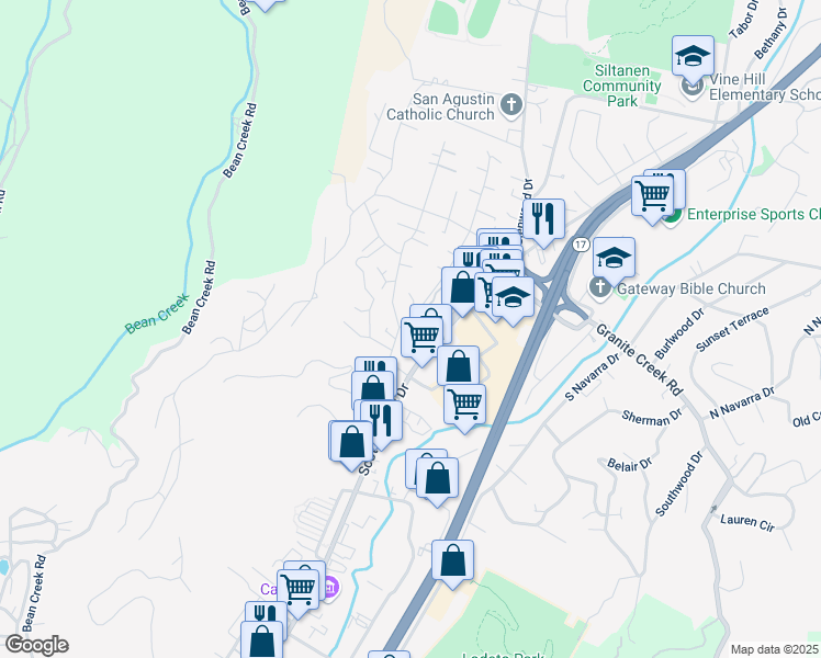 map of restaurants, bars, coffee shops, grocery stores, and more near 102 San Augustine Way in Scotts Valley