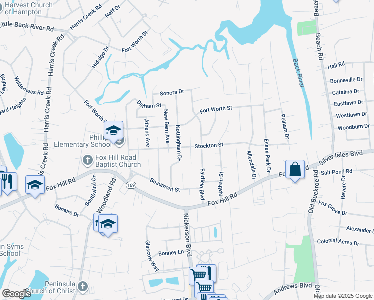 map of restaurants, bars, coffee shops, grocery stores, and more near 450 Stockton Street in Hampton