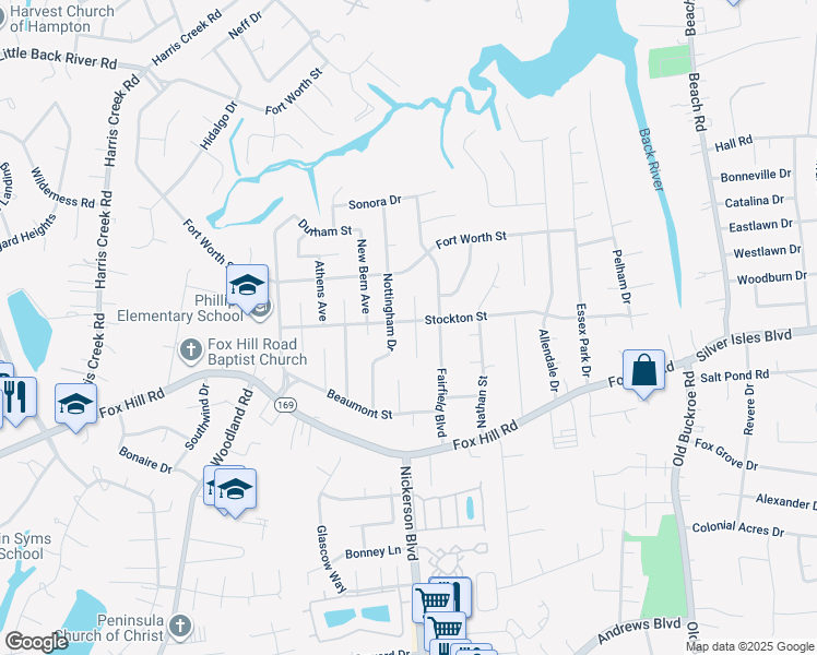 map of restaurants, bars, coffee shops, grocery stores, and more near 450 Stockton Street in Hampton