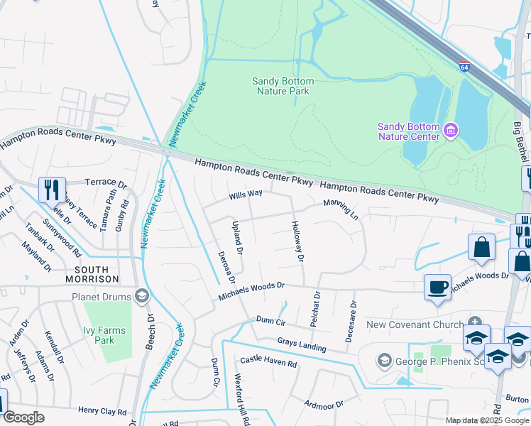 map of restaurants, bars, coffee shops, grocery stores, and more near 211 Manning Lane in Hampton
