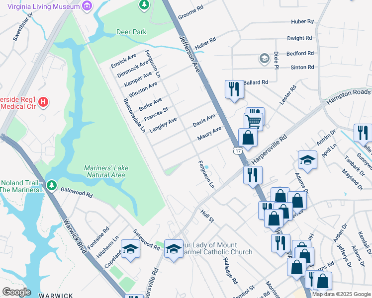 map of restaurants, bars, coffee shops, grocery stores, and more near 20 Maury Avenue in Newport News