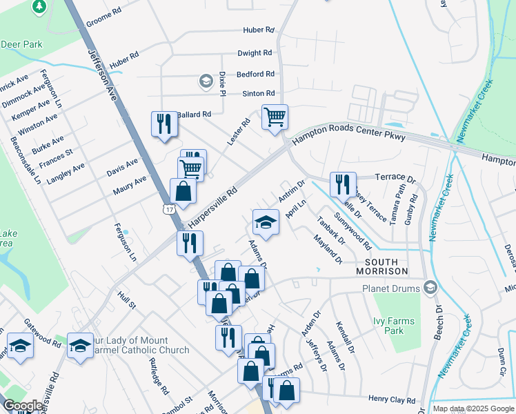 map of restaurants, bars, coffee shops, grocery stores, and more near 685 Antrim Drive in Newport News