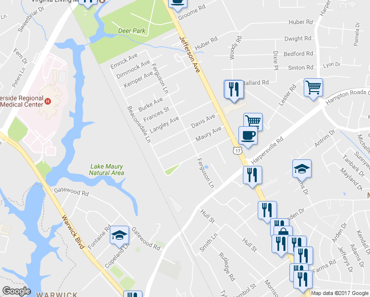 map of restaurants, bars, coffee shops, grocery stores, and more near 20 Maury Avenue in Newport News