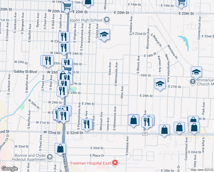 map of restaurants, bars, coffee shops, grocery stores, and more near 2711 Missouri Avenue in Joplin