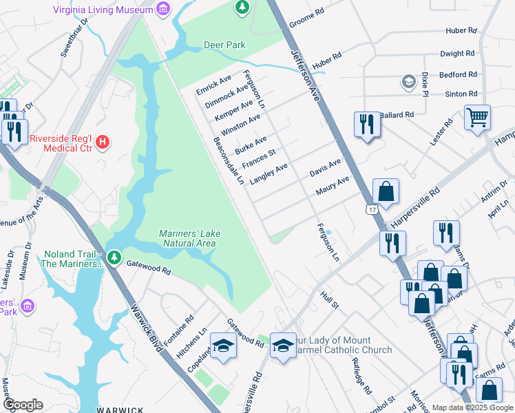map of restaurants, bars, coffee shops, grocery stores, and more near 2 Davis Avenue in Newport News