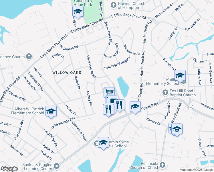 map of restaurants, bars, coffee shops, grocery stores, and more near 102 Horseshoe Landing in Hampton