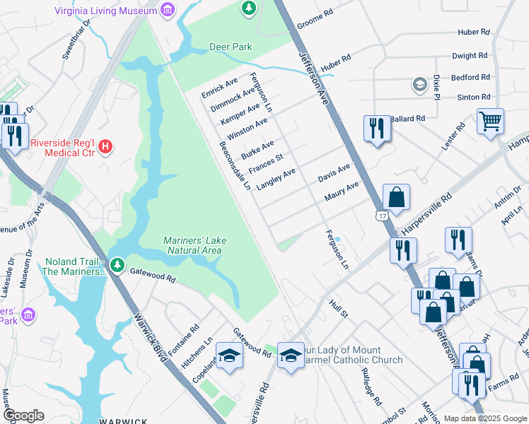 map of restaurants, bars, coffee shops, grocery stores, and more near 2 Davis Avenue in Newport News