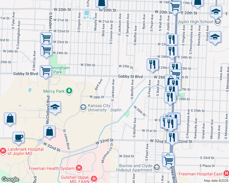 map of restaurants, bars, coffee shops, grocery stores, and more near 2718 South Sergeant Avenue in Joplin