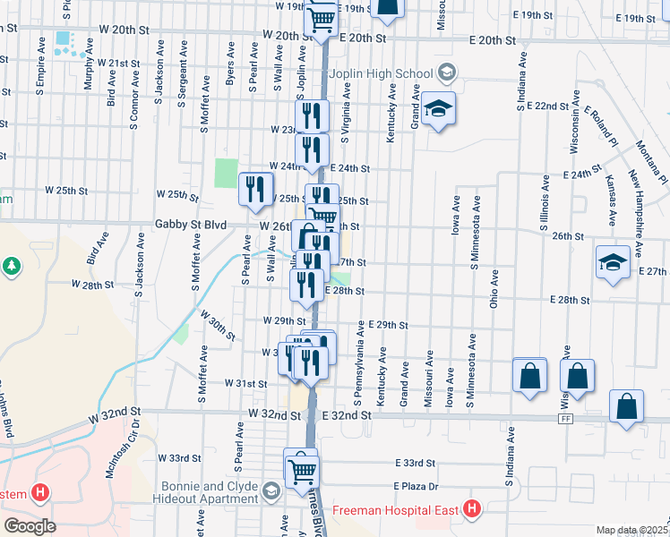 map of restaurants, bars, coffee shops, grocery stores, and more near 2702 Virginia Avenue in Joplin