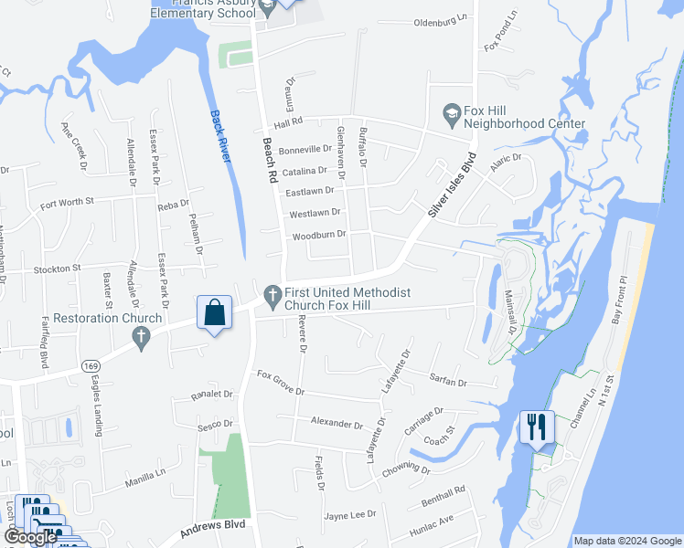 map of restaurants, bars, coffee shops, grocery stores, and more near 47 Silver Isles Boulevard in Hampton