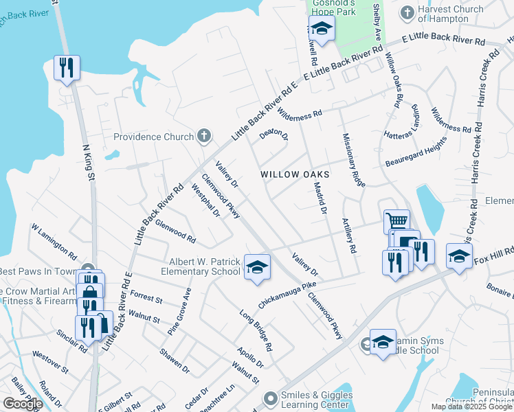 map of restaurants, bars, coffee shops, grocery stores, and more near 119 Valirey Drive in Hampton