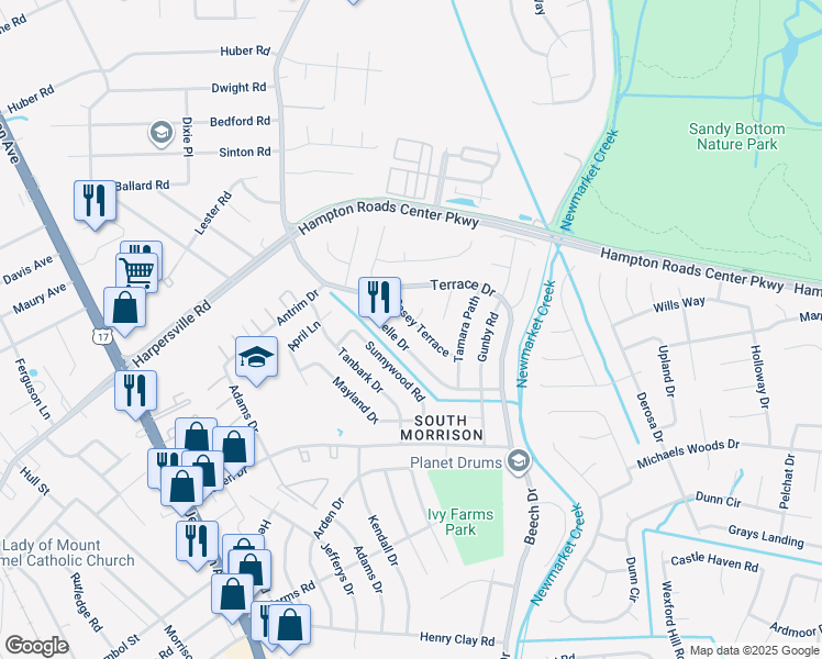 map of restaurants, bars, coffee shops, grocery stores, and more near 739 Casey Terrace in Newport News