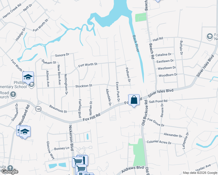 map of restaurants, bars, coffee shops, grocery stores, and more near 619 Allendale Drive in Hampton
