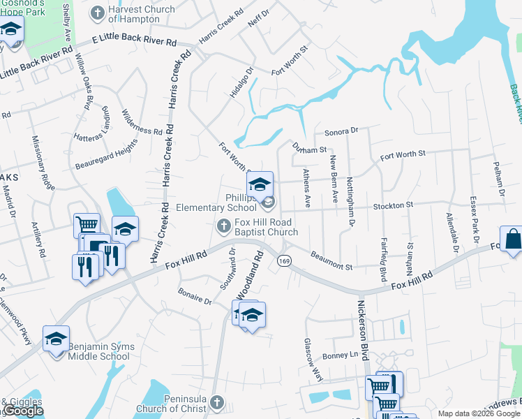 map of restaurants, bars, coffee shops, grocery stores, and more near 703 Lemaster Avenue in Hampton