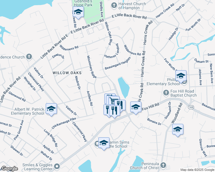 map of restaurants, bars, coffee shops, grocery stores, and more near 102 Horseshoe Landing in Hampton